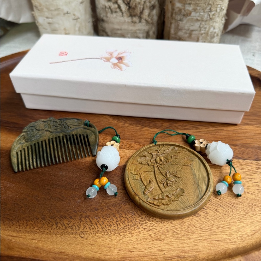 Vintage Style Lotus Vanity Set Mirror Comb Wood Zen Floral Asian Decor